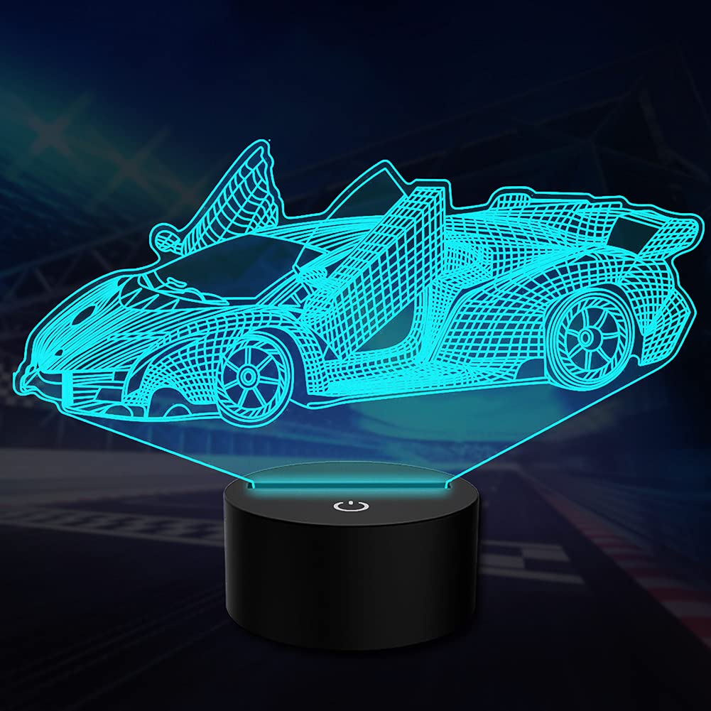 PONLCY 3D Illusion Lamp Sports Car Led Night Light, 16 Colors Changing USB Desk Lamps with Remote Control, Bedroom Decoration Table Lights for Kids Birthday Gifts