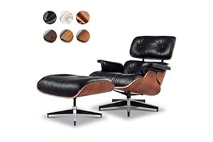 ASUKALE Top Black Grain Leather, Mid Century Chaise Lounge Chair and Ottoman, Leather Accent Chair, Modern Reading Chair, Classic Design, Heavy Duty Base Support for Living Room Lounge Office, Palisander