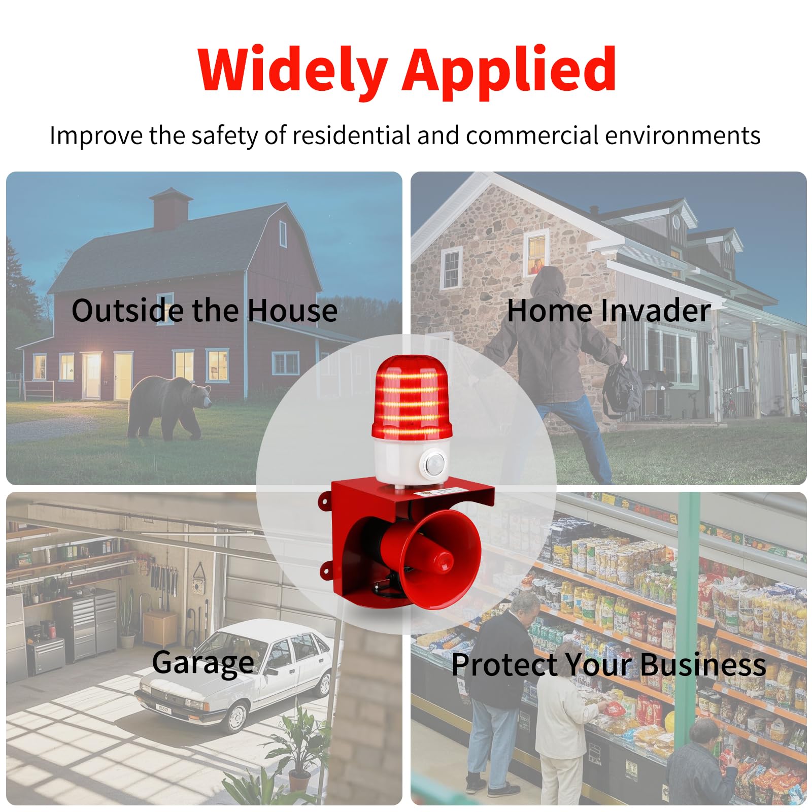 Motion Sensor Alarm with Human Detection,120dB Adjustable Siren & LED Strobe Lights Outdoor Security Alarm for Home Theft,Animal Intrusion,Garden Protection,Property Protection,AC110V with Plug