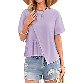 Falechay Womens Summer Tops Floral Lace Chiffon Crochet Blouses Asymmetrical Hem Short Sleeve Shirts Round Neck Trendy Tunic