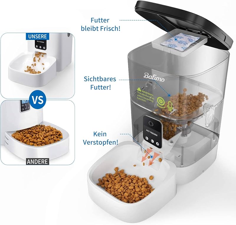 Distributore Automatico Cibo Gatti con Telecamera 1080P, 2.4G WiFi Dispenser Crocchette Gatto, 4L Distributore Automatico Cibo Cani con APP Video Audio Visione, Da 1 a 8 pasti al giorno