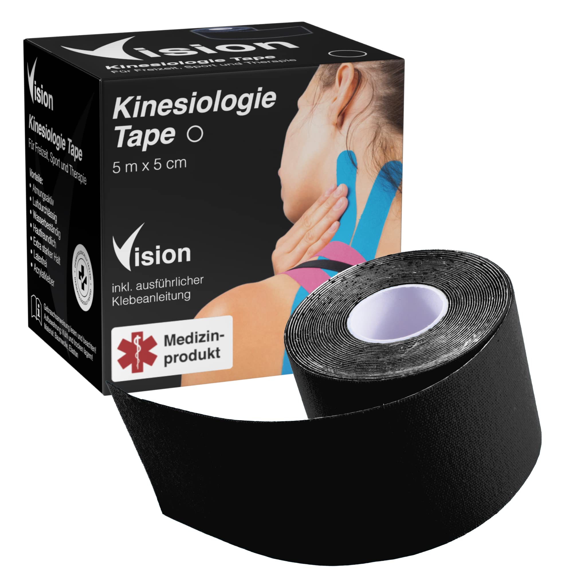 Vision Kinesiology Tape Black - 5 cm x 5 m - Kinesio Tape with Extra Strong Hold - Super Skin-Friendly Kinesio Tapes - Breathable and Waterproof Physio Tape
