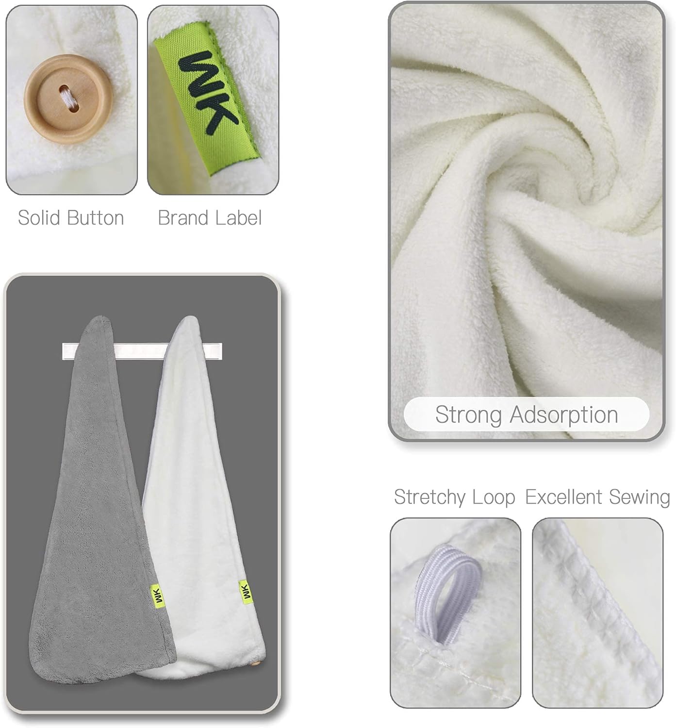 WK Microfiber Hair Drying Towel for Women - Ultra Absorbent Quick Dry Hair Turban, Original Magic Instant Hair Dry Wrap, Hair Care Cap for Bath, 2 Pieces 25 x 10 Inch Box (White & Gray): Kitchen & Dining