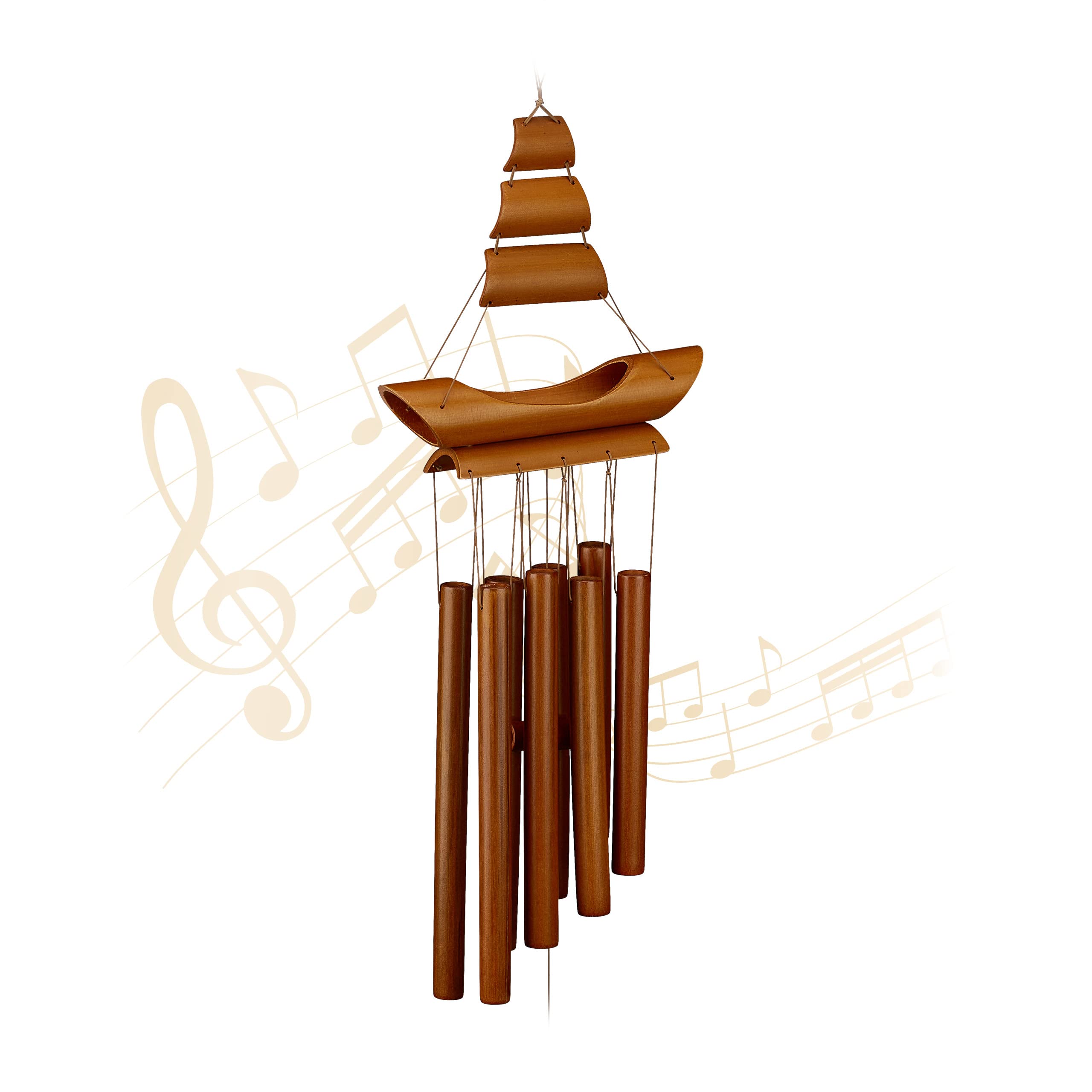 Relaxdays Wind Chime Bamboo, Sound Chimes Sailboat Design, Hanging Decor Outdoors & Indoors, HWD: 72 x 20 x 6 cm, Brown
