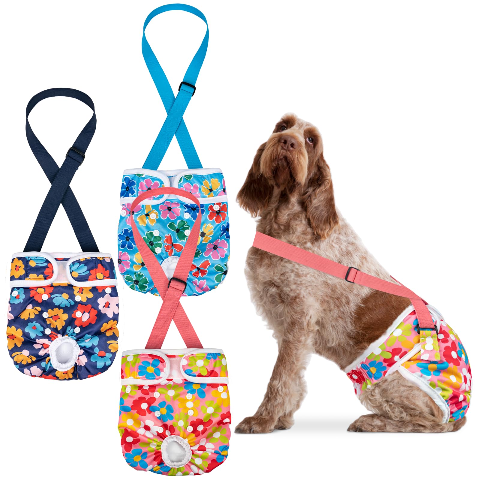Photo 1 of Pet Soft Dog Diapers Female with Suspenders, 3 Pack Reusable Female Dog Diapers for Heat, Dog Period Panties for Doggie in Cycle(X-Large, Floral)