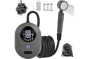 Brarvagur Lightweight Portable Camping Shower, 6000mAh Rechargeable Outdoor Shower Pump with 5 Pressure Modes, Filtered Shower Head, Temperature & Power Display for Hiking, Travel, Washing, Emergency