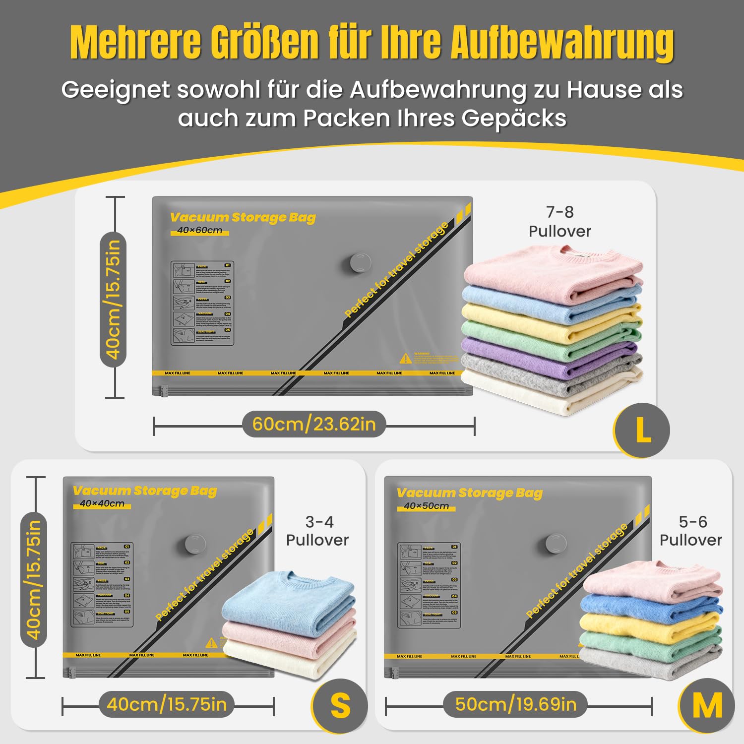 Vakuumbeutel für Kleidung mit Kabellose Vakuumpumpe – 15er Set Vakuumbeutel Reise (40×40/40×50/40×60 cm), ideal für Reise & Aufbewahrung – Vacuum Bags for Clothing Travel & Storage 7