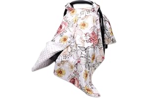 HNHUAMING Floral Baby Car Seat Canopy Soft Plush Dotted Backing Baby Car Seat Cover Girls, Infant Carseat Canopy, Stretchy Multi- use Nursing Cover for Stroller/High Chair/Shopping Cart/Car Seat Canopies