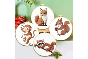 Zhenqing - 4 Woodland Animals Cross Stitch Kit for Beginners, 11ct Printed White Cotton Fabric 20x20cm with Hoop, Fox, Jumpsu