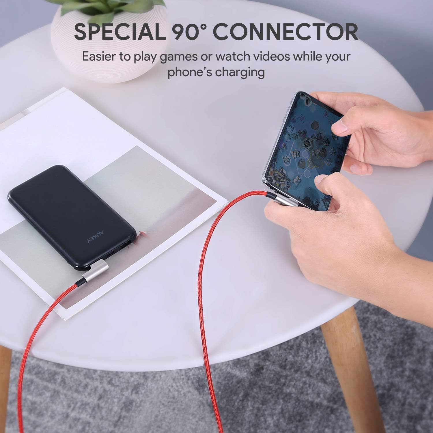 AUKEY Right Angle Lightning Cable (6.6ft - 2 Pack) Nylon Braided [ Apple MFi Certified ] Ideal for Playing Games iPhone Charging Cable Compatible with iPhone 11 / X / 8 / 6, iPad
