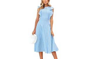 ECOWISH Women's Summer Dresses 2025 Elegant Lady Wedding Guest Cocktail Ruffle Cap Sleeves A-Line Office Midi Dress
