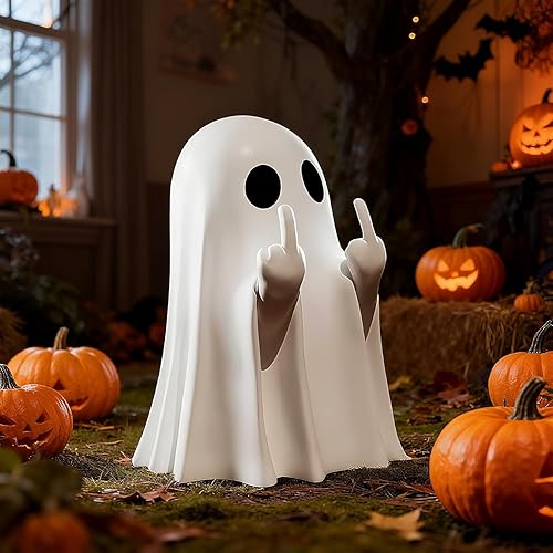 Halloween Middle Finger Ghost Decorations Spooky Funny Table Statue Ornament for Prank Party, Unique Haunted House Decor, Eye Catching Gifts for Teens and Women Cute Humor Prop