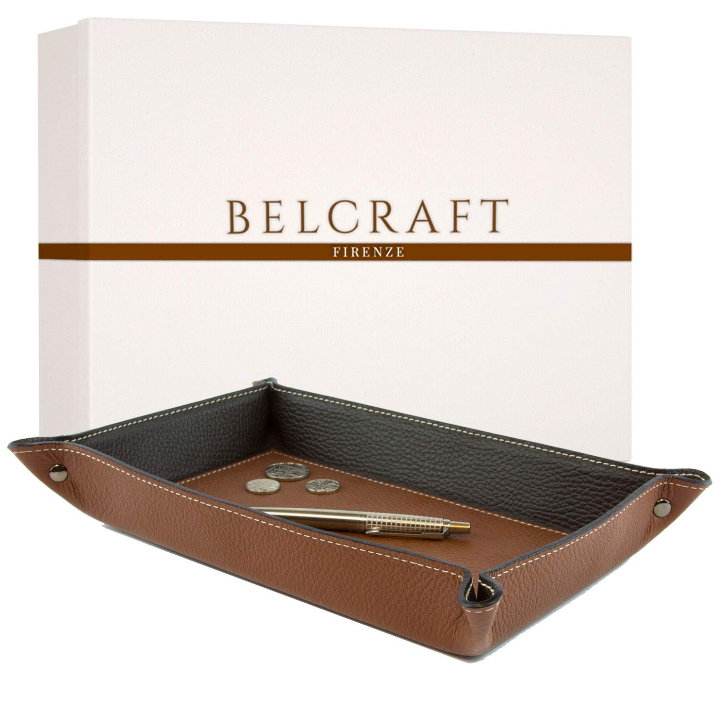 BELCRAFT Luni Large Leather Tidy Tray, Elegant present Box, Handmade Classic Italian Style, Key Wallet, Coin Box, Brown (28x19 cm)