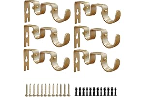 Shonmogar Double Curtain Rod Bracket 6 Pack Metal Curtain Rod Holders for Wall Sturdy Curtain Bracket for 1 Inch Curtain Rod Gold Wall Mounted Curtain Rod Hooks for Bedroom Living Room Patio