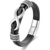 REchoLI Infinity Bracelet for Men,Stainless Steel Silver/Black Men Infinity Leather Bracelet Wristband Cuff Bracelet 21 cm / 8.26 inches