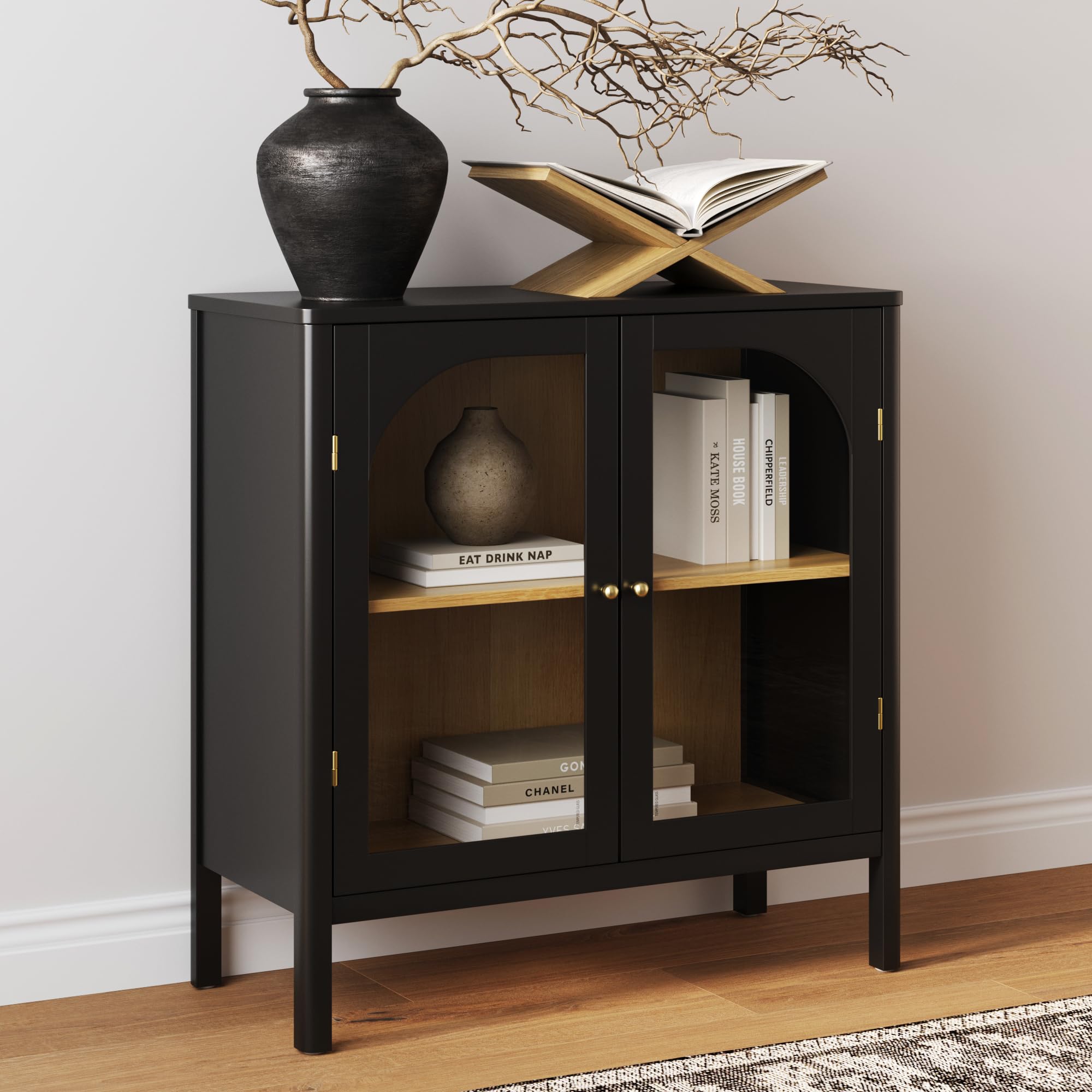 Photo 1 of ***Missing both doors and top***Nathan James Mason Storage Cabinet, Free Standing Accent Sideboard Buffet, Credenza with Glass Doors and Adjustable Shelf in Black Oak Wood for Dining Room, Entryway and Living Room, Clear Glass/Black***Missing both doors a
