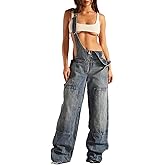 Women Denim Cargo Bib Overalls Adjustable Strap Baggy Straight Wide Leg Jean Jumpsuits Pants Loose Rompers Outfits
