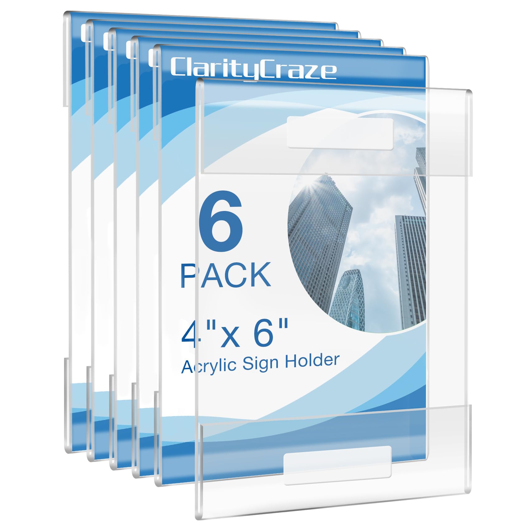 Photo 1 of ClarityCraze 6 Pack Acrylic Wall Sign Holder, 4"x6" Wall Mount Clear Plastic Sign Holders with Tape, Wall Sign Memo Document Menu Holder for Office, Home, Store, Restaurant