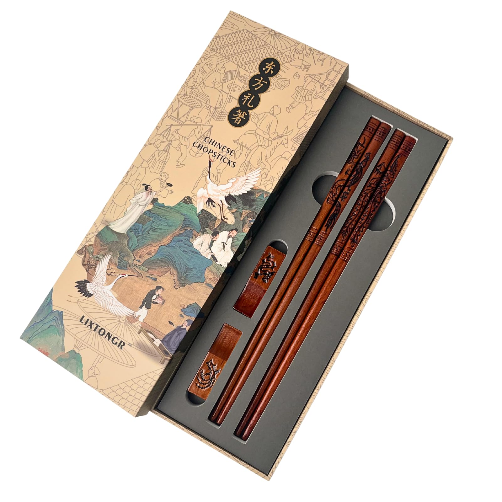 Photo 1 of 2 Pairs Reusable Wooden Chopsticks Set - Hand-Carved Dragon & Phoenix Design Food-Safe Non-Toxic Japanese Korean Chopsticks with Non-Slip Grip Asian Gift for Family Friends (9 Inch)