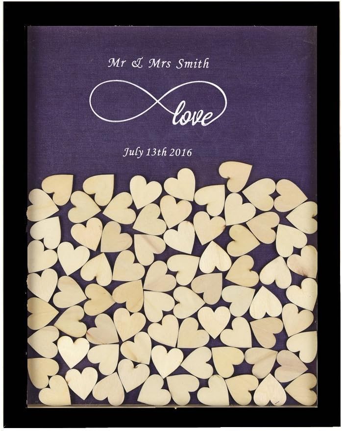 Whitewindow 3D Wedding Guest Book Personalised Infinity Love Rustic Drop Top Fashion Signature Wooden Frame Guest Book Wood Drop Box Wedding Decoration with 120 Small Wood Hearts (Black & Purple)