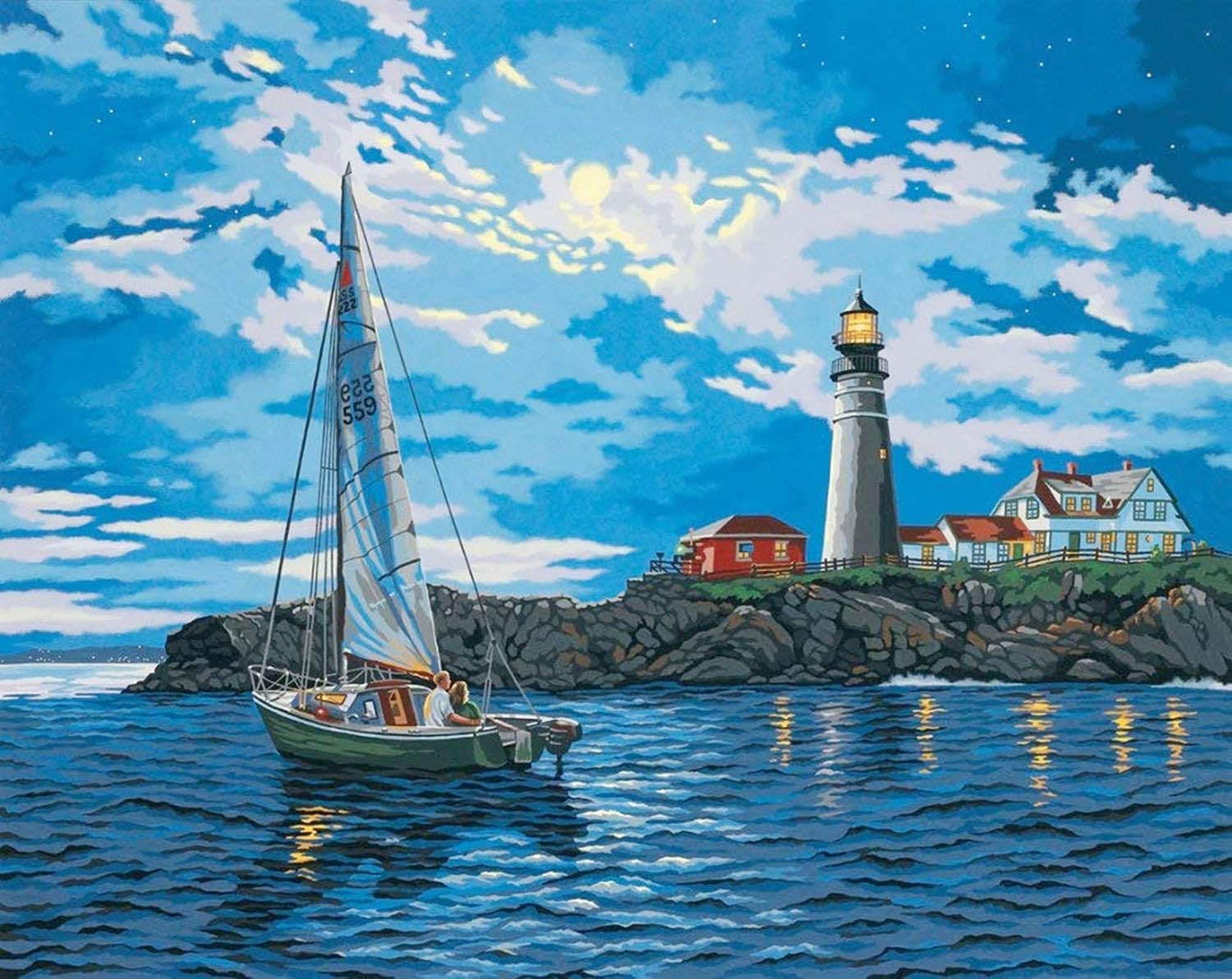 Hansfun Sailing Boat Landscape Diamond Painting Kits, Beach Sailboat Sea Storm Paint with Diamond by Number Kits 5D Full Drill Round Rhinestone Embroidery Cross Stitch Décor 12X16 inch