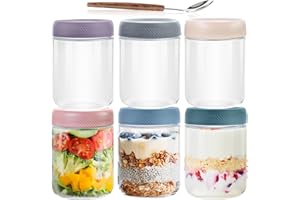 16 OZ Overnight Oats Jar,6 Pack Glass Jar with Lid and Spoon,Reusable Wide Mouth Mason jars for Overnight Oats,Yogurt Snacks 