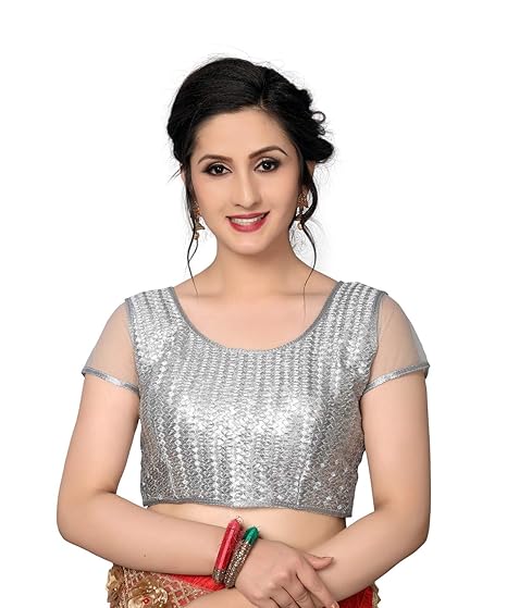 Women's Sequence Embroidered Beige Silk Blouse With Round Neck