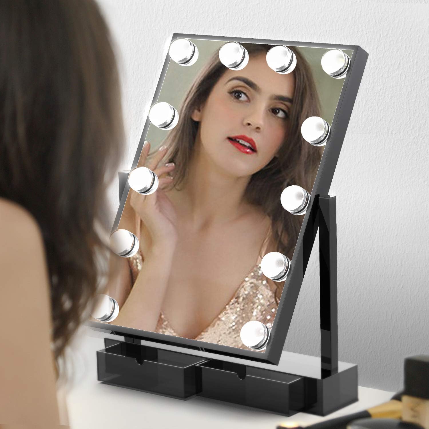 Large Makeup Vanity Mirror with Lights,Hollywood Light-up Professional Mirror with Storage,3 Color Lighting Modes,10x Magnification,Big Cosmetic Mirror with 12 Dimmable Bulbs for Dressing Table