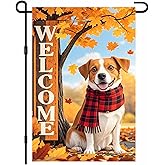 BlissYard Fall Garden Flag 12x18 Inch Welcome Beagle Dog Outdoor Flag Double Sided Autumn Puppy Yard Banner with Red Plaid Scarf Maple Leaves and Wooden Sign for Porch Lawn Patio
