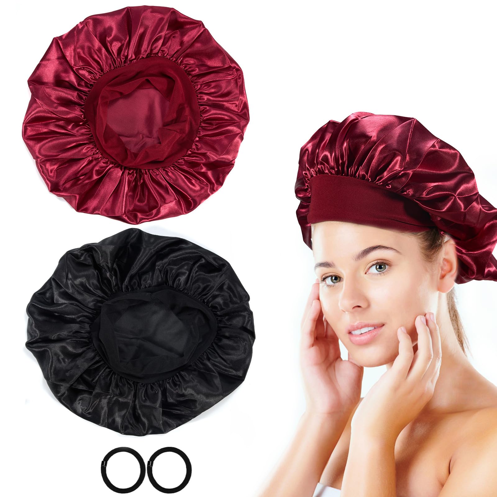 Cheerhom Pack of 2 Satin Hair Bonnet for the Night, Sleep Cap Silk, Soft Silk Hood for Sleeping Bonnet Sleep Cap, Breathable Sleep Cap for Women Girls (Black and Burgundy)