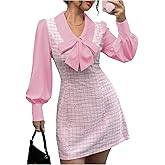Floerns Women's Elegant Plaid Tweed Dress Bow Front Lantern Long Sleeve 2 in 1 Mini Houndstooth Dresses