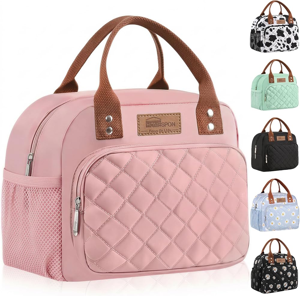 HOMESPON Insulated Lunch Bag Pink Women Men 27x21x15 cm Front Pocket