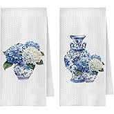 ChenCraty Blue Chinoiserie Floral Kitchen Towels Set of 2, Blue and White Porcelain Hydrangea Floral Dish Tea Towels for Kitchen Decor, Grand Millennial Decor Hand Towels for Bathroom, 16x24 Inch