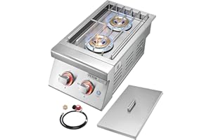 VEVOR Double Grilling Side Burners, 2 x 17,000BTU Liquid Propane Side Burner for Outdoor Kitchen, Convertible to Natural Gas, 304 Stainless Steel Built-in Double Burners with LED for BBQ Grill Island