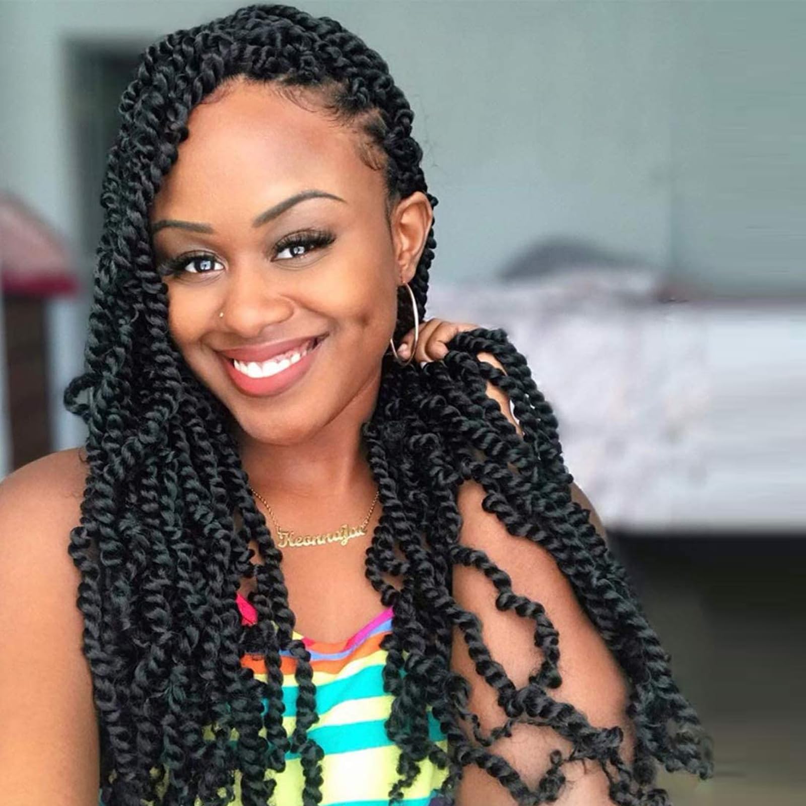 Photo 1 of TOYOTRESS TIANA Passion Twist Hair - 20 inch 8 packs (12strands/pack) Pre-Twisted Passion Twist Crochet Hair, Pre-Looped Crochet Braids Synthetic Braiding Hair Extension (20 Inch, 1B)