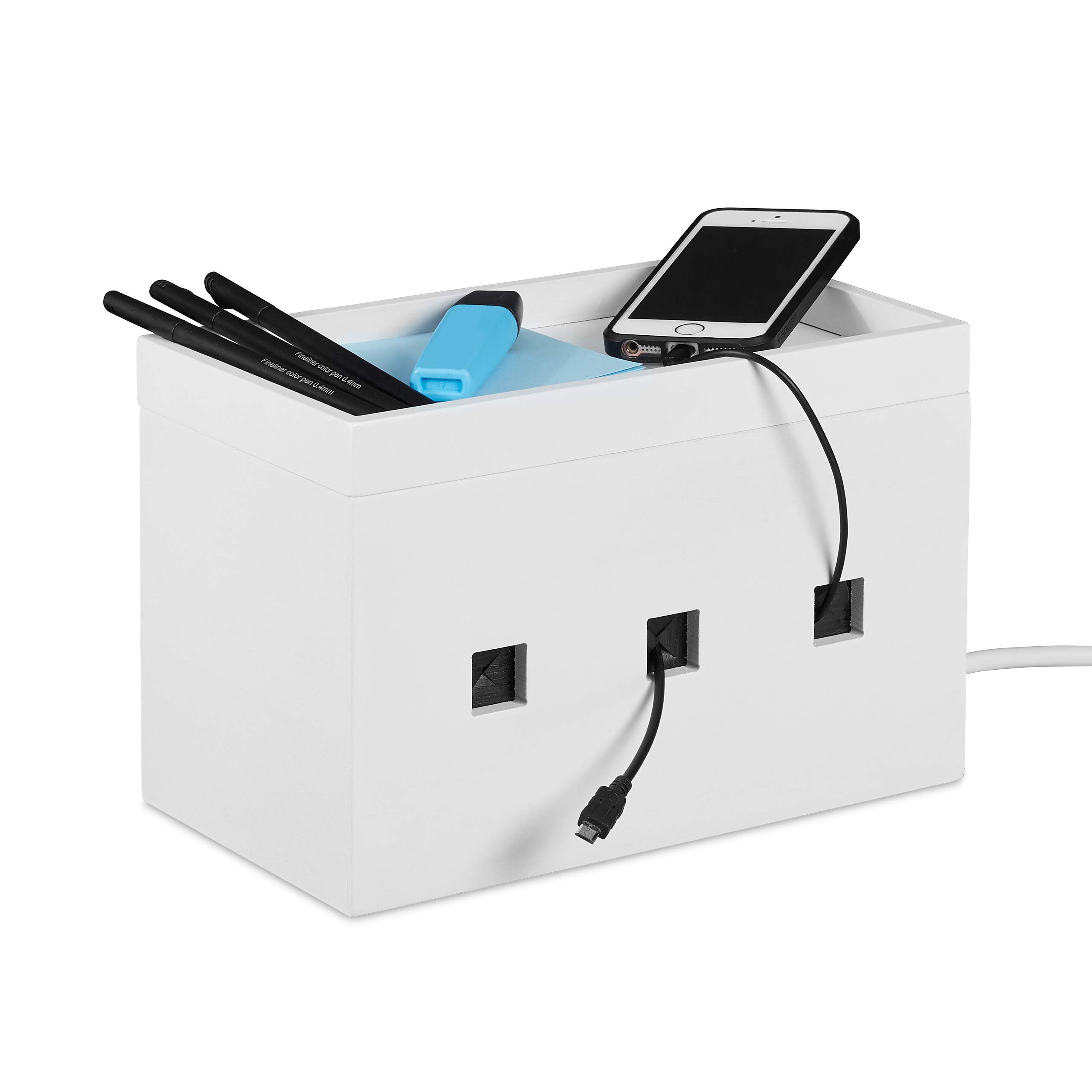 Relaxdays Bamboo Cable Box, Hide Lead Extensions & Cables, Desk Organiser, 16.5x25.5x14cm, White