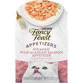 Purina Fancy Feast Appetizers Alaskan Salmon Food Topper, 10 Ct, 1.1 oz | Grain free lickable, flaked wild-caught fish complement in a delicate broth, served in a convenient peel-and-serve tray