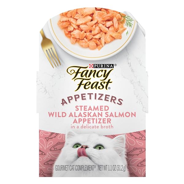 PURINA FANCY FEAST APPETIZERS LICKABLE GRAIN FREE WET CAT FOOD TOPPER WILD ALASKAN SALMON APPETIZER – (PACK OF 10) 1.1 OZ. TRAYS