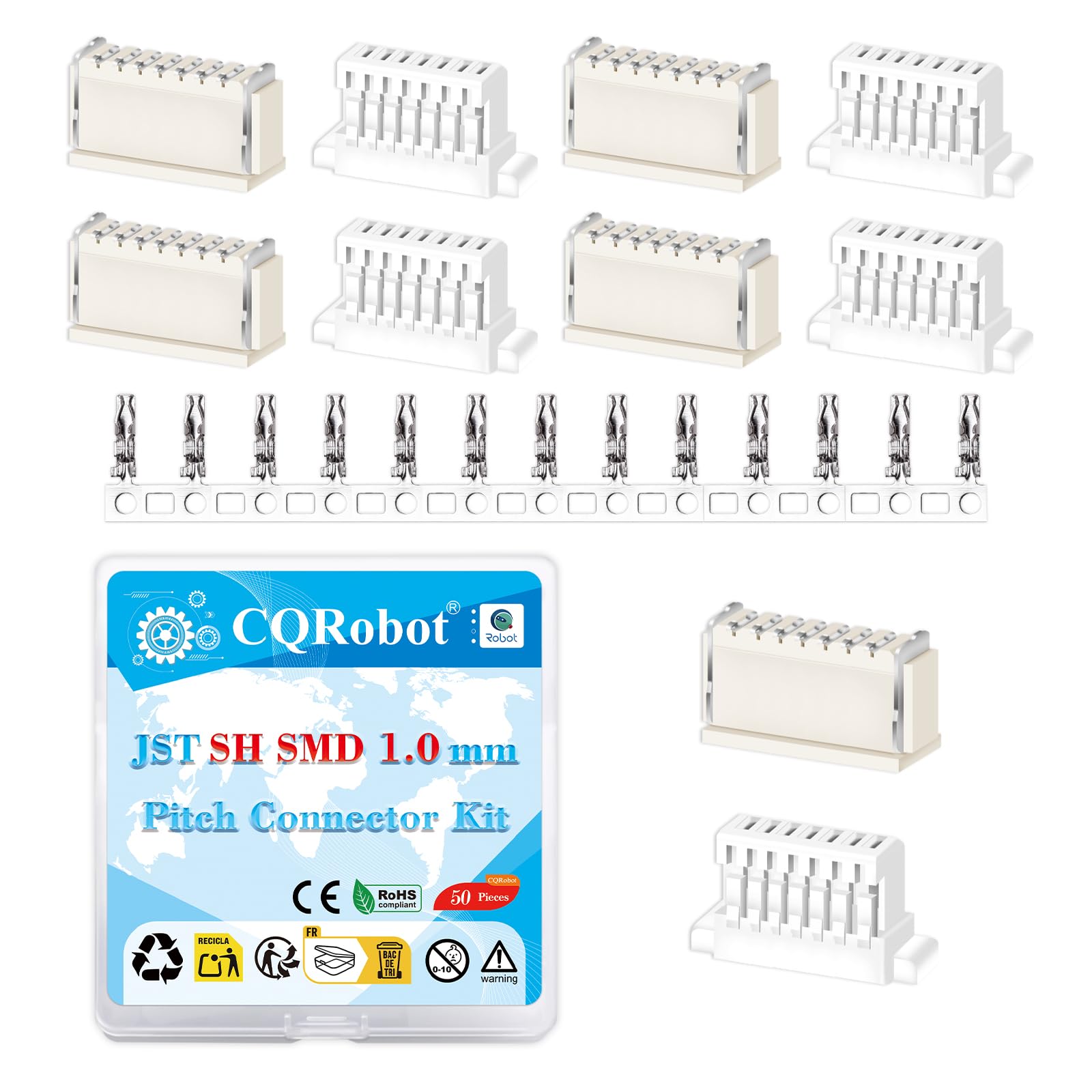 CQRobot JST SH SMD 1.0 mm Pitch 7-Pin Electronic Computer Connector IC Male Plugs, Female Sockets Housing and T-Shaped Crimp Terminal Kit. 50 Sets/450 Pieces Wire-to-Board Adapter Cable Assembly.