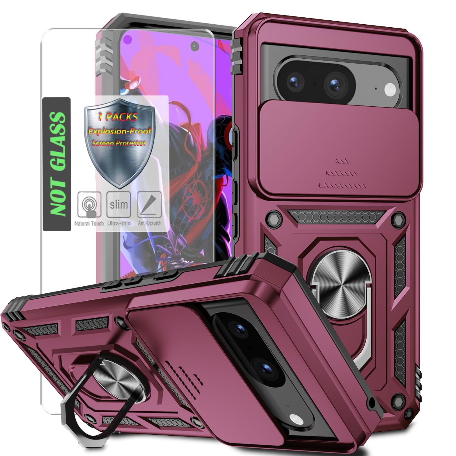 Photo 1 of AYMECL for Pixel 8 Case with Camera Lens Cover,HD Screen Protector,Military Grade Drop Protection,Magnetic Ring Holder Kickstand Protective Phone Case for Google Pixel 8,Wine Red