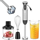 Bonsenkitchen Immersion Blender Handheld with Food Processor, 20 Speeds Hand Blender with Turbo Mode, Stainless Steel Blade, Egg Whisk, Beaker & Chopper Bowl, Hand Mixer for Smoothie, Soup, Baby Food
