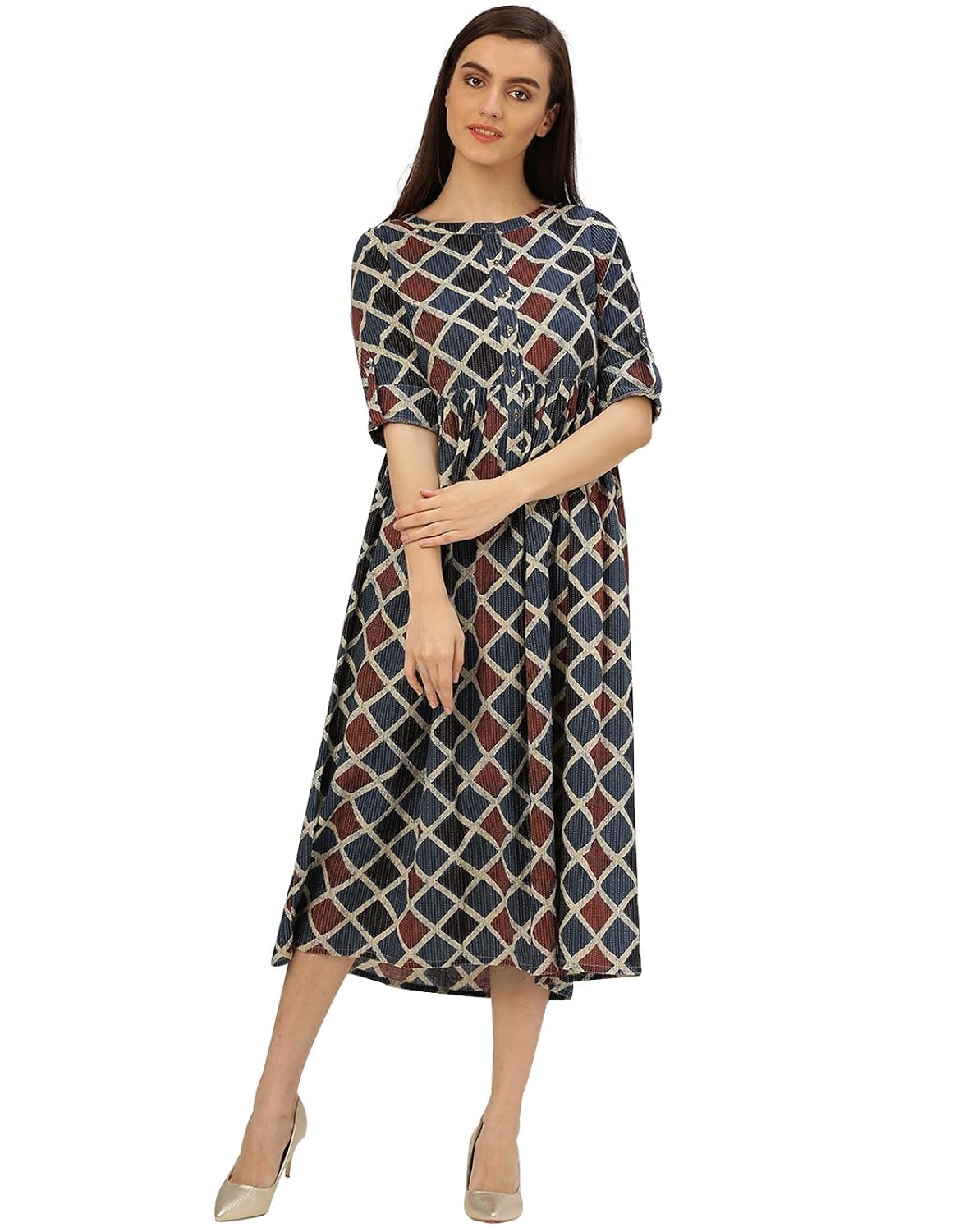 desi fusion women's a-line geometric print cotton kantha dress