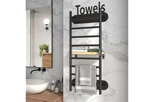 LALAHOO Towel Warmer Rack,8 Bars Wall Mounting Towel Warmers for Bathroom,201 Stainless Steel Heated Towel Rack with Shelf,Plug-in/Hardwired,24H Timer & LED Display,Temperature Control,Matte Black