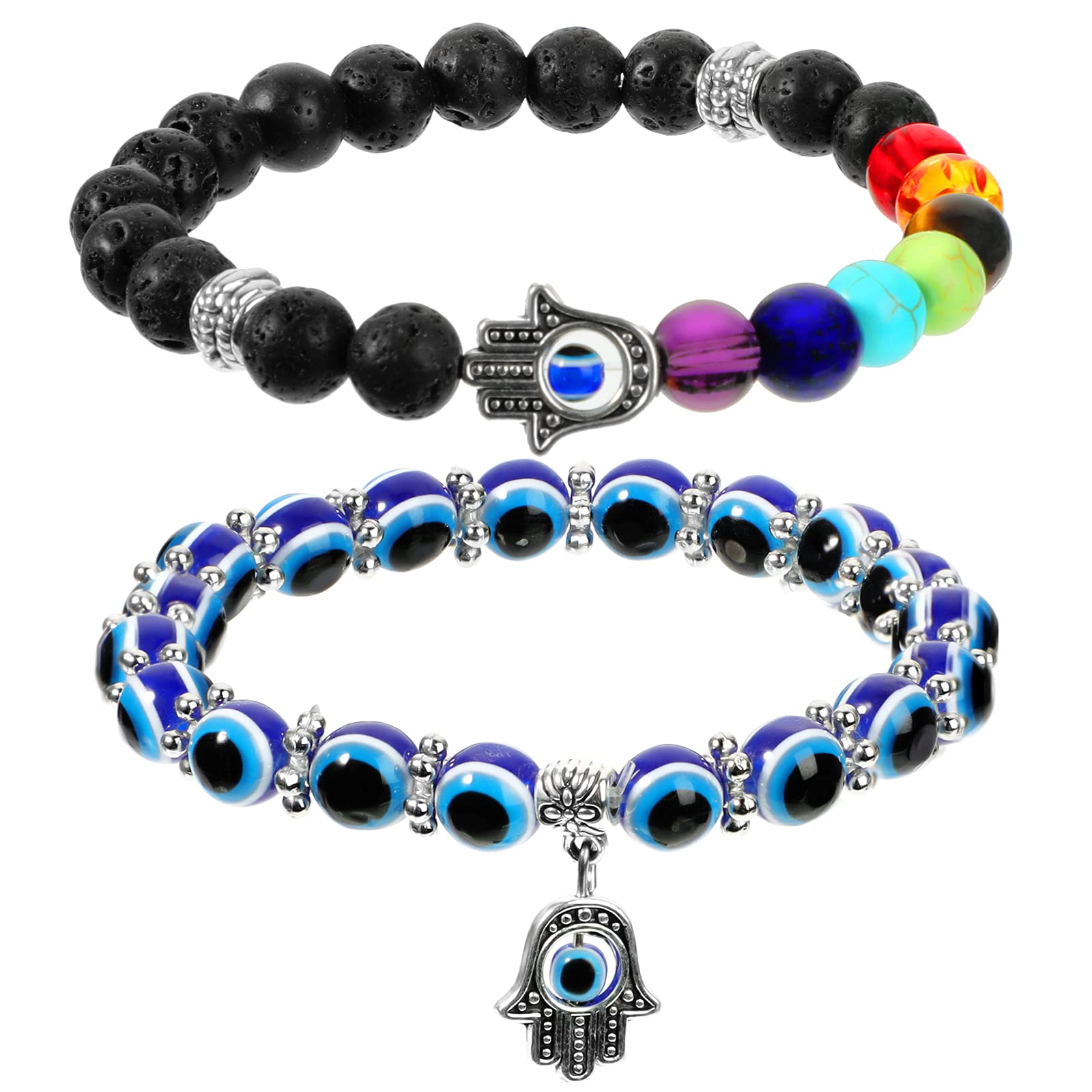 2 Pieces Evil Eye and Hand of Fatima Bracelet - 7 Chakras Stretch Beaded Hamsa Hand Gemstone Good Luck Protection Crystals Healing Stones for Women