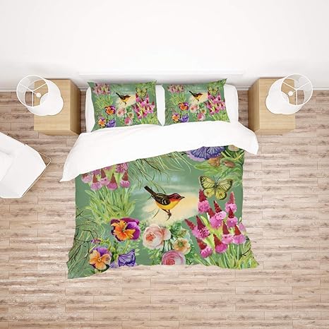 Amazon Zhongji スリーピース寝具 ダウン布団カバー しわ防止 アレルギー防止 寝具セットシングル シンプルな北欧 水彩風の花と鳥の イラスト 枕カバー2枚入り 掛け布団カバー1枚入り190cm 210cm 寝具カバーセット オンライン通販