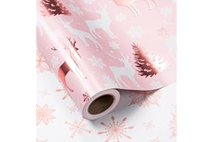 LeZakaa Christmas Pink Wrapping Paper Mini Roll, Reindeer & Snowflake, Metallic Foil, Rose Gold Foil Reversible Design for Festive Winter Holiday, Family Gathering, 17 inches x 32.8 Feet