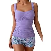 B2prity Women's Tankini Swimsuit Tummy Control Ruched Two Piece Bathing Suit Push Up Modest Swim Suits with Shorts