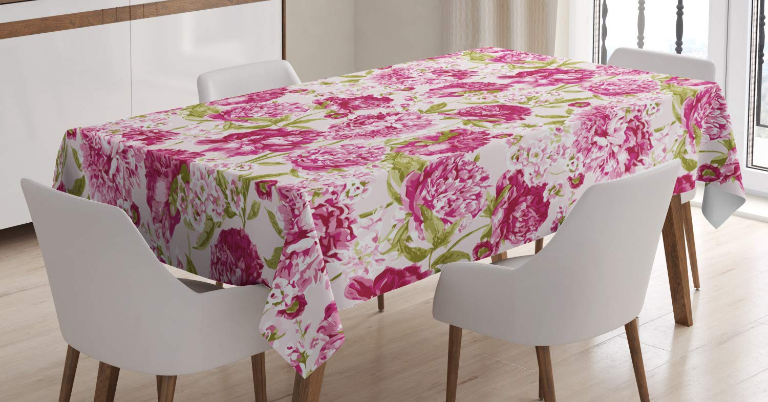 ABAKUHAUS Flowers Tablecloth, Floral Theme Vintage Pink Peonies and Leaves Spring Nature Pattern, Dining Room Kitchen Table Cover, 54" x 78", Olive Green White Pink