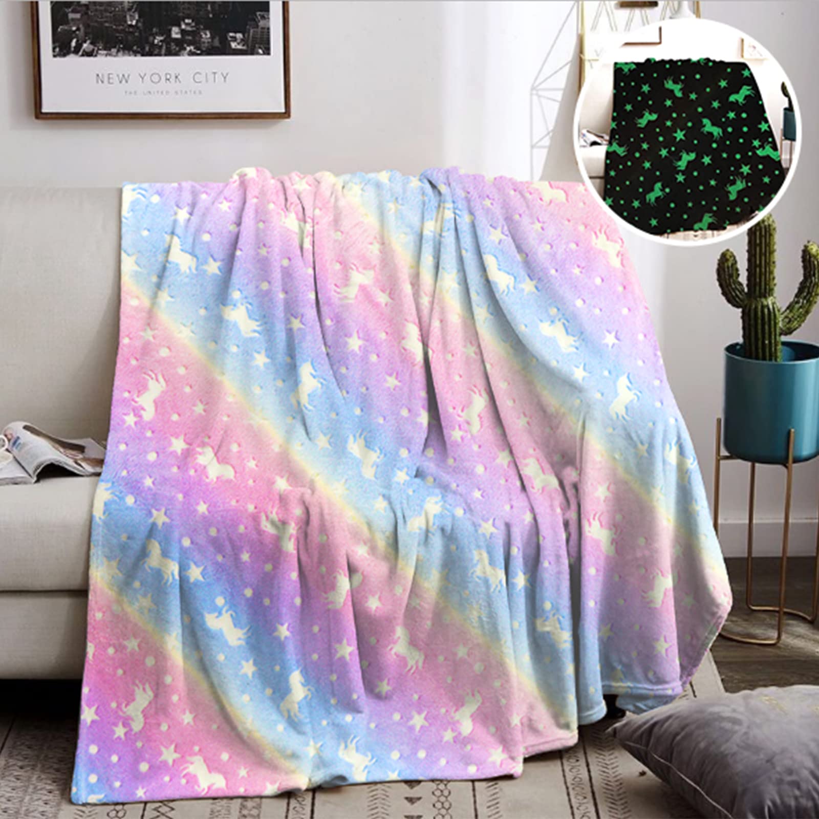 HSGLGNA Glow in The Dark Blanket Unicorns Gifts for Girls,Luminous Blanket for Kids and Adults,Soft Cozy Flannel Kids Throw Blanket - Birthday Bedroom Decor (Unicorn 01, 150 x 200 cm)