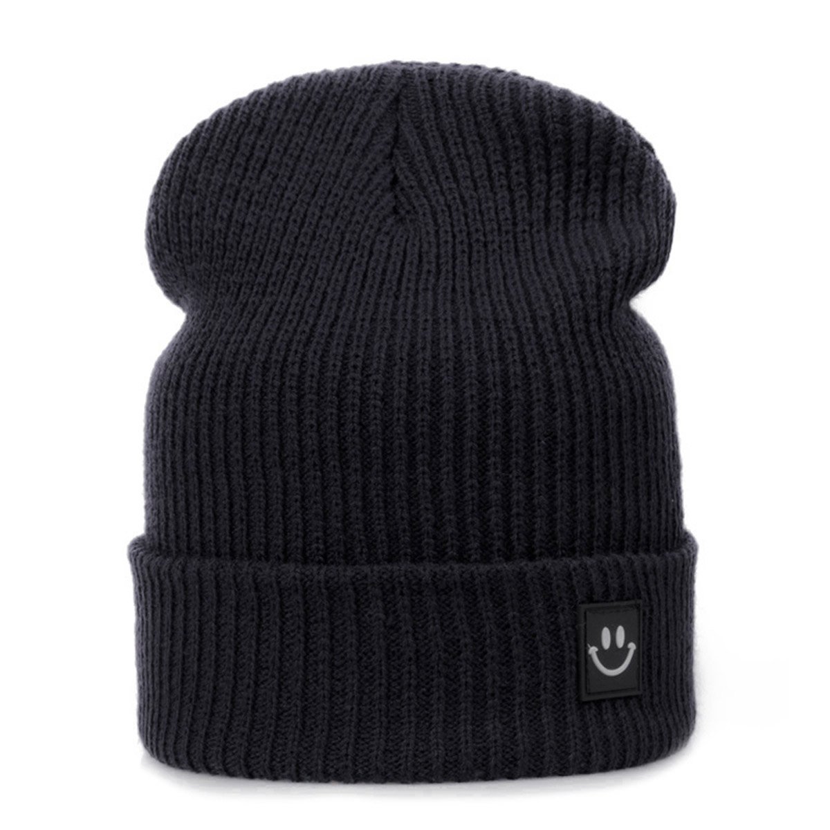 EVRFELAN Women Winter Hat Cuffed Plain Knit Beanie Cap Casual Knitted Warm Skullcap with Smile Face (Black)